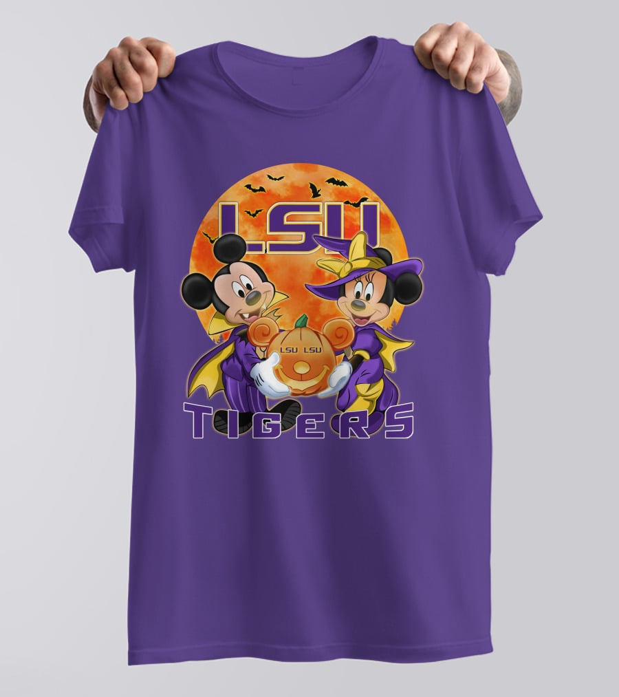 LSU Tigers Mickey Mouse And Minnie Mouse Halloween Pumpkin T-Shirt