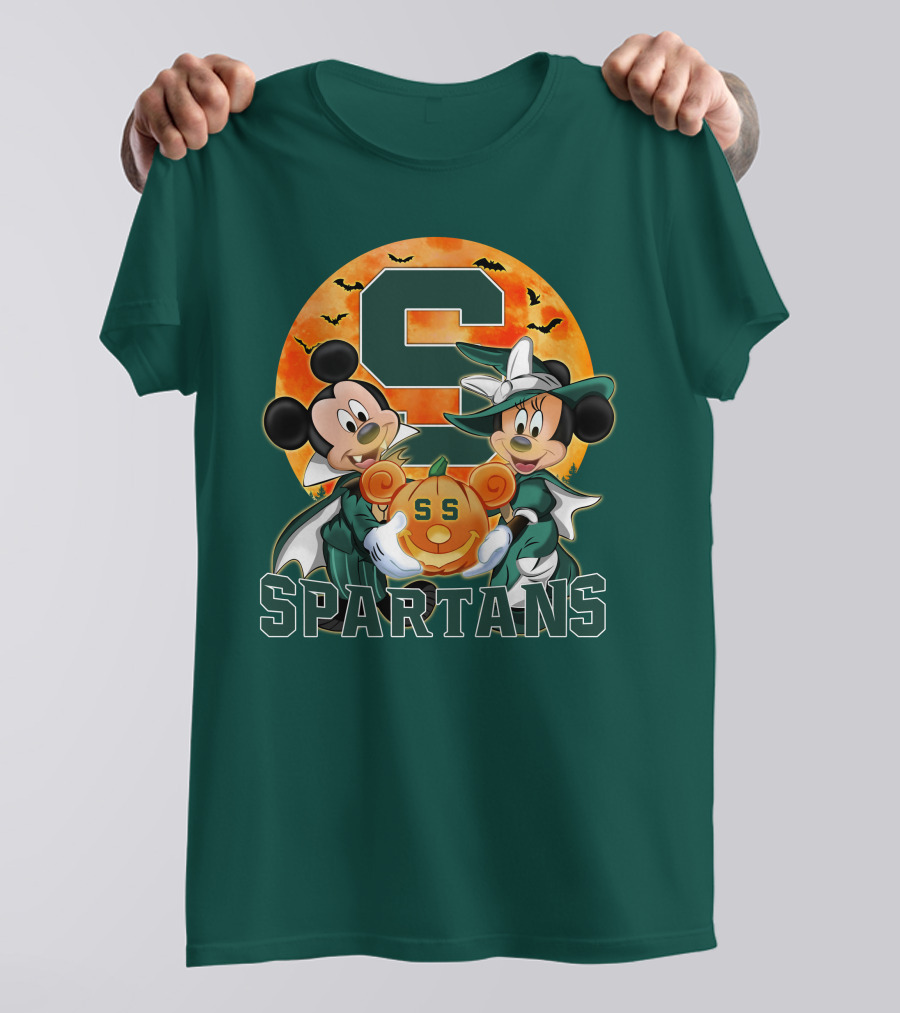 Michigan State Spartans Mickey Mouse Minnie Mouse Halloween Pumpkin Moon Bats T-Shirt