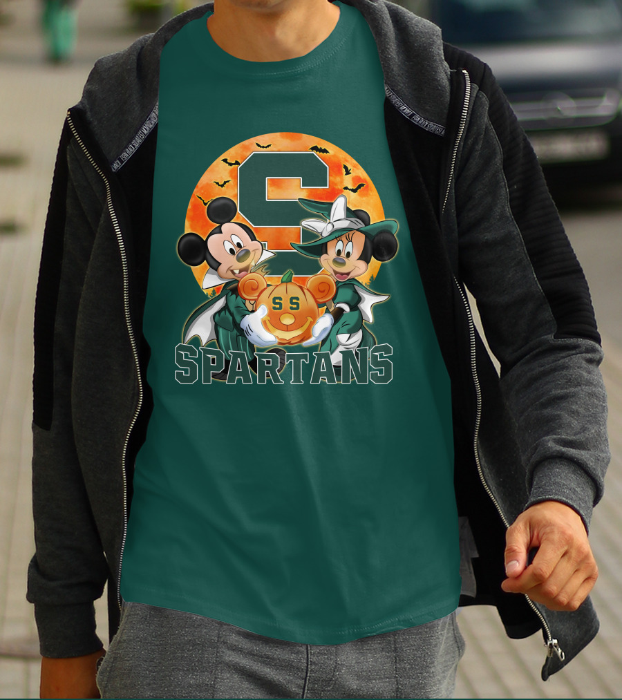 Michigan State Spartans Mickey Mouse Minnie Mouse Halloween Pumpkin Moon Bats T-Shirt
