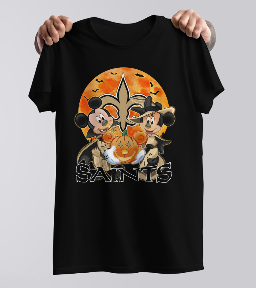 New Orleans Saints Mickey And Minnie Halloween Pumpkin Fleur-de-Lis T-Shirt