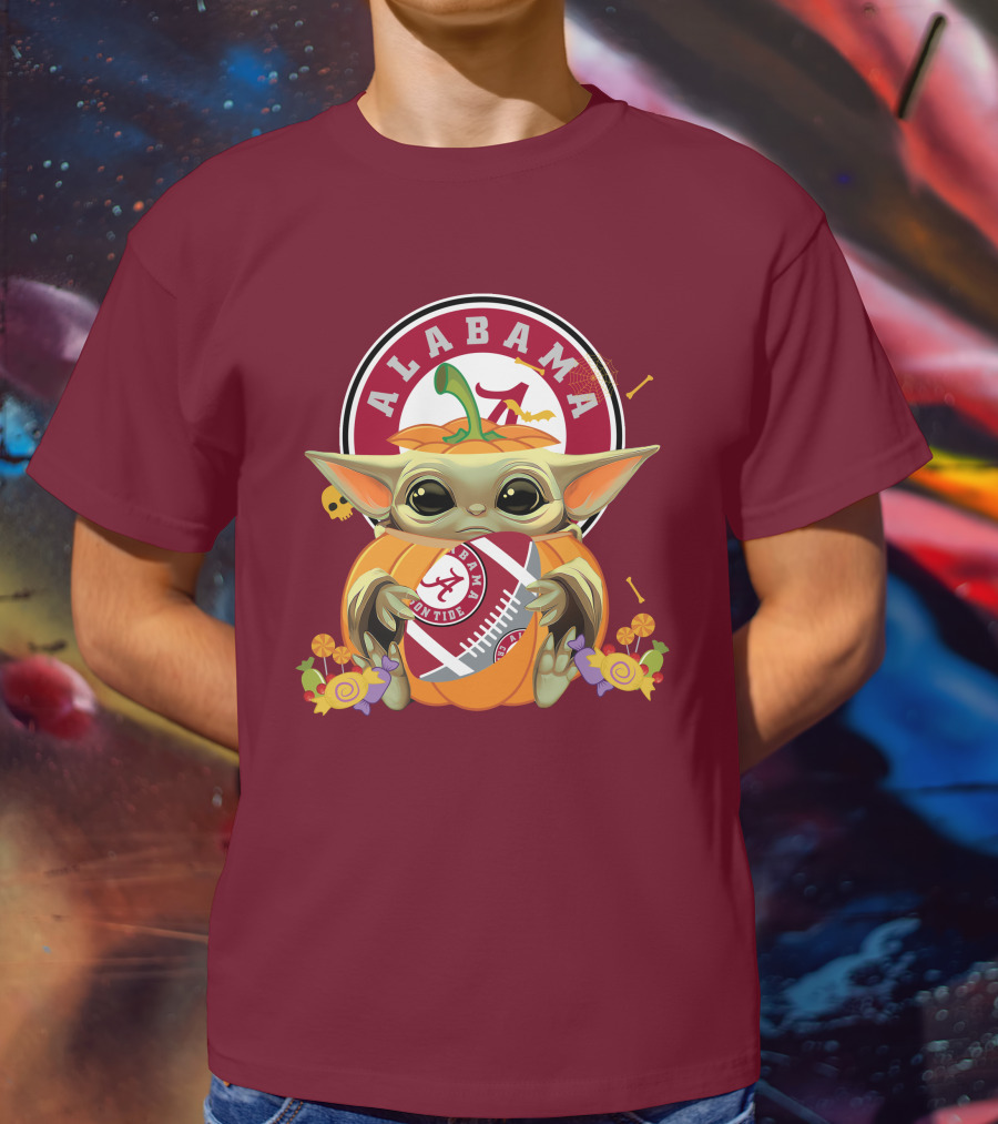 Halloween Pumpkin Baby Yoda Hug Alabama Crimson Tide Football T-Shirt
