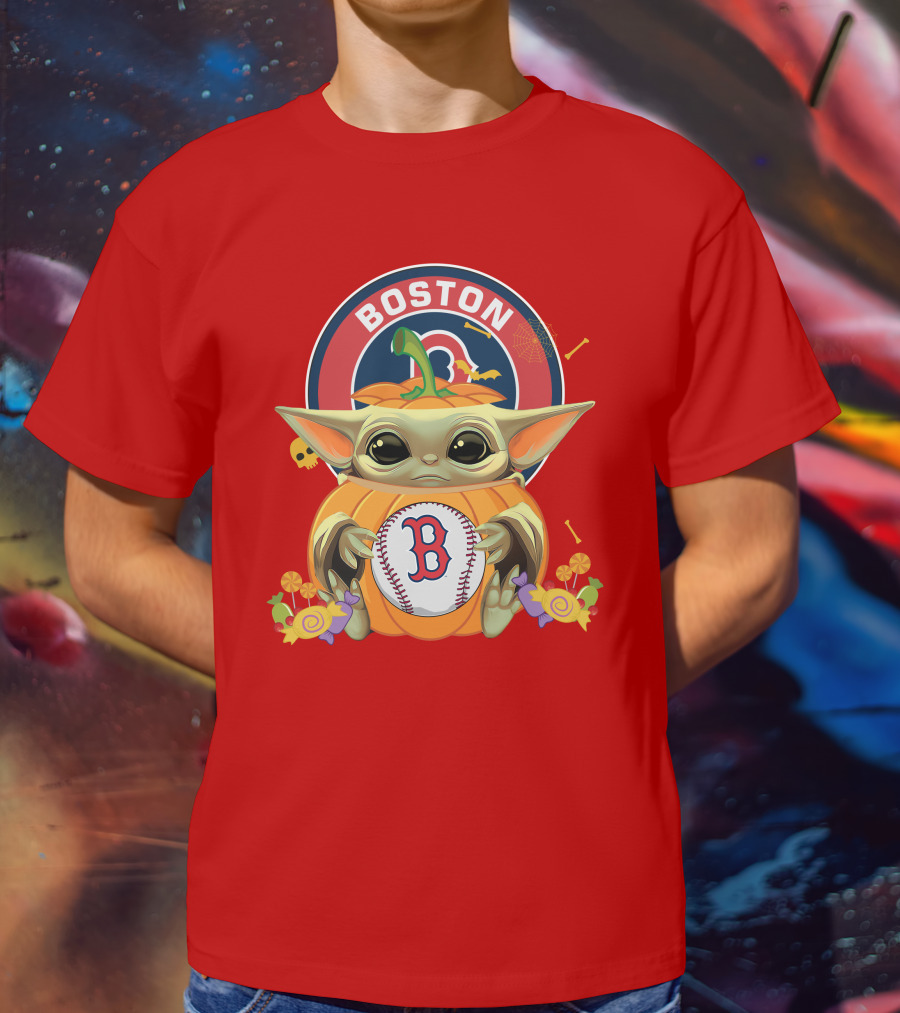 Boston Red Sox Halloween Baby Yoda Pumpkin Hug T-Shirt