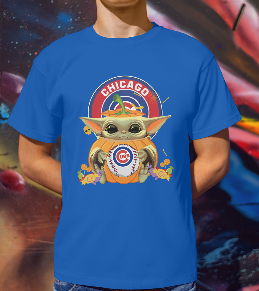Halloween Pumpkin Baby Yoda Chicago Cubs Baseball Theme T-Shirt