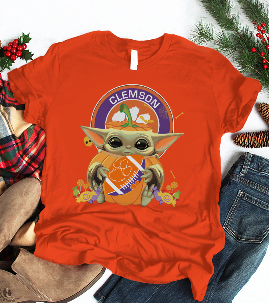 Halloween Pumpkin Baby Yoda Clemson Tigers Football T-Shirt