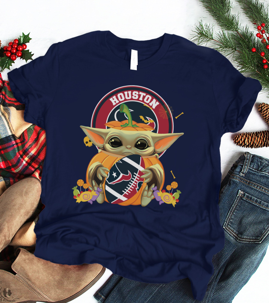 Halloween Pumpkin Baby Yoda Holding Houston Texans Logo Sphere T-Shirt