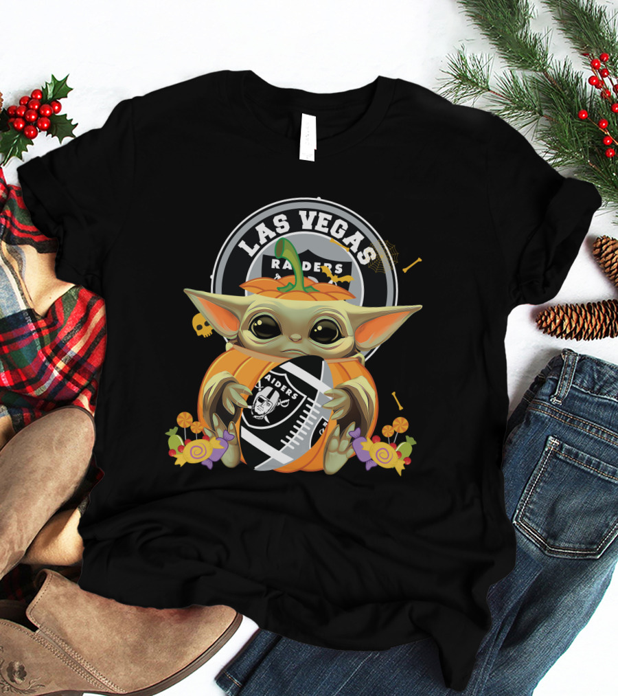 Halloween Pumpkin Baby Yoda Holding Las Vegas Raiders Football T-Shirt