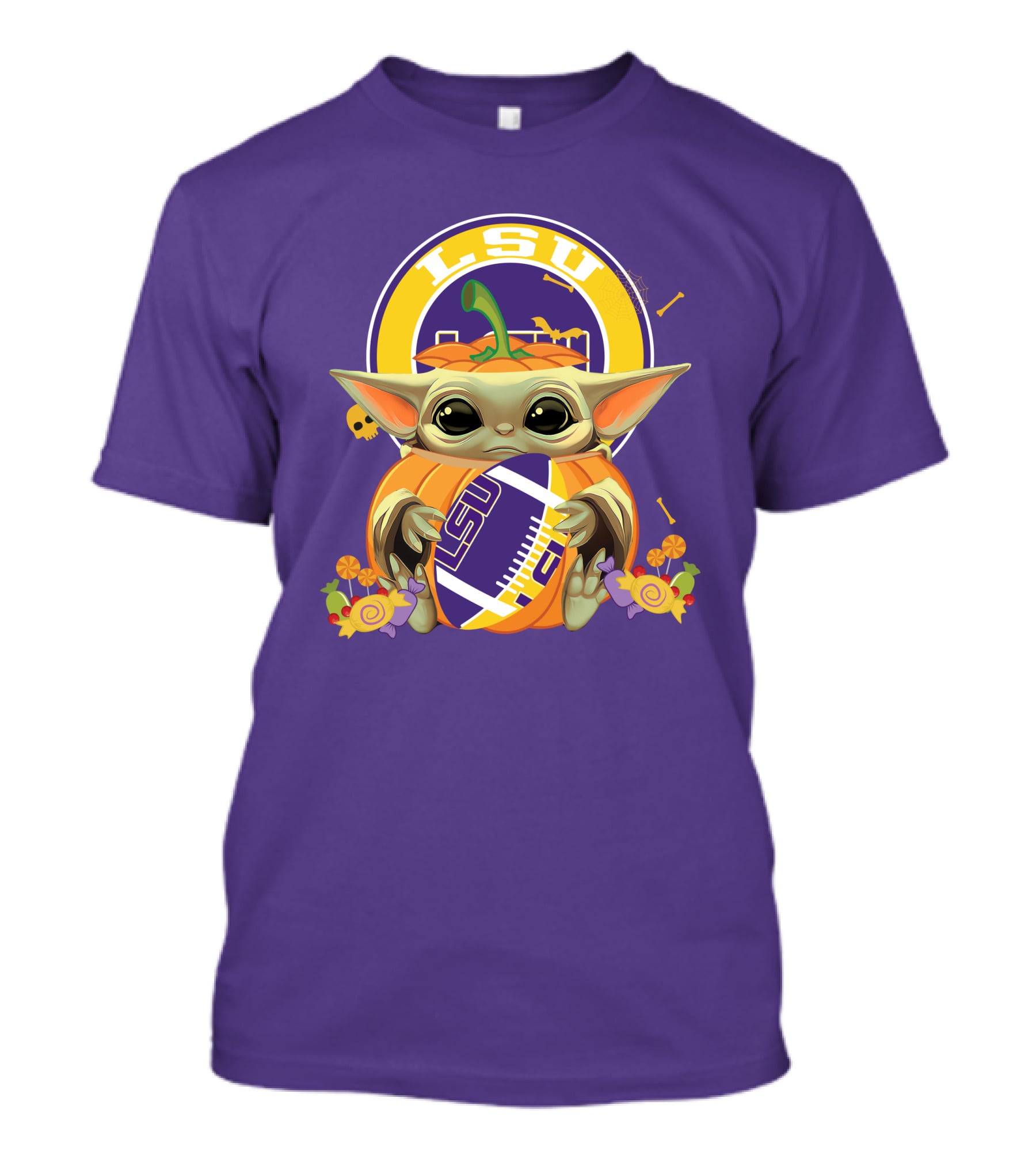 LSU Tigers Halloween Pumpkin Baby Yoda Hug Football T-Shirt