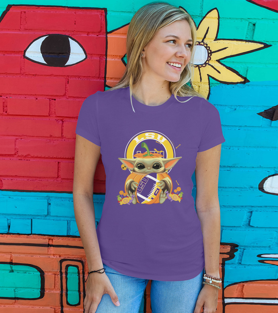 LSU Tigers Halloween Pumpkin Baby Yoda Hug Football T-Shirt