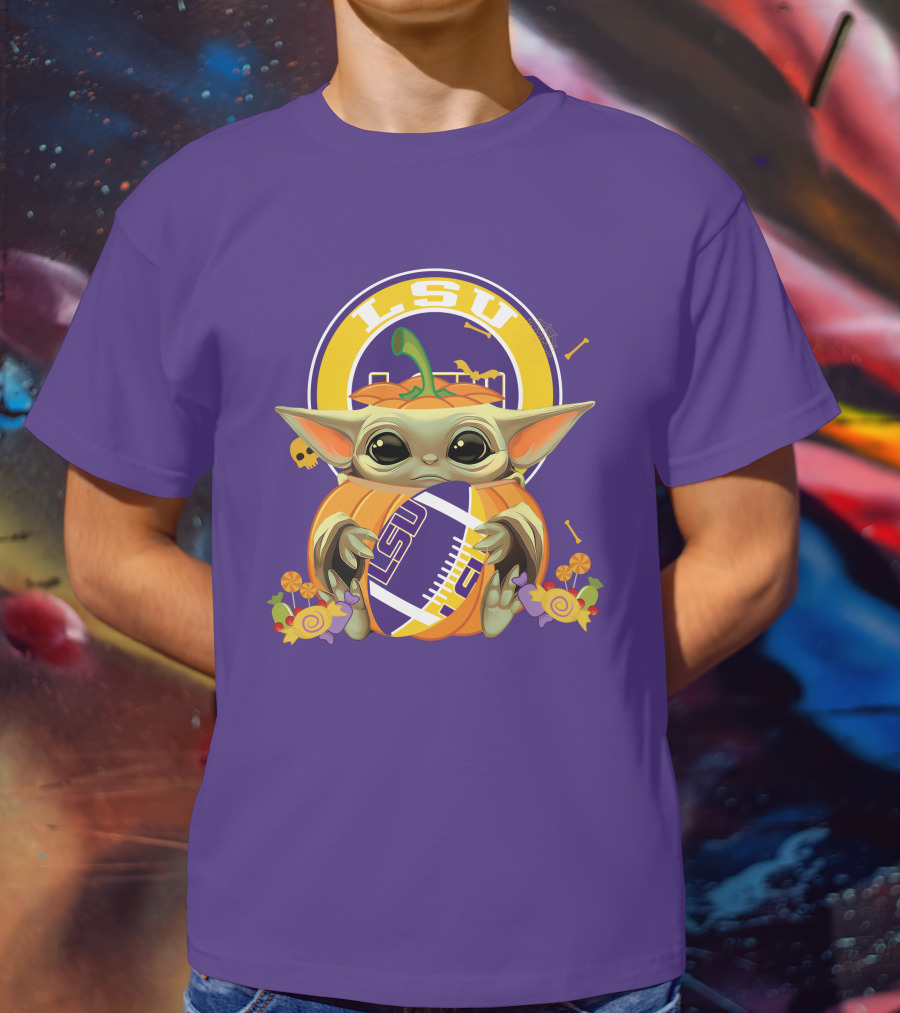 LSU Tigers Halloween Pumpkin Baby Yoda Hug Football T-Shirt