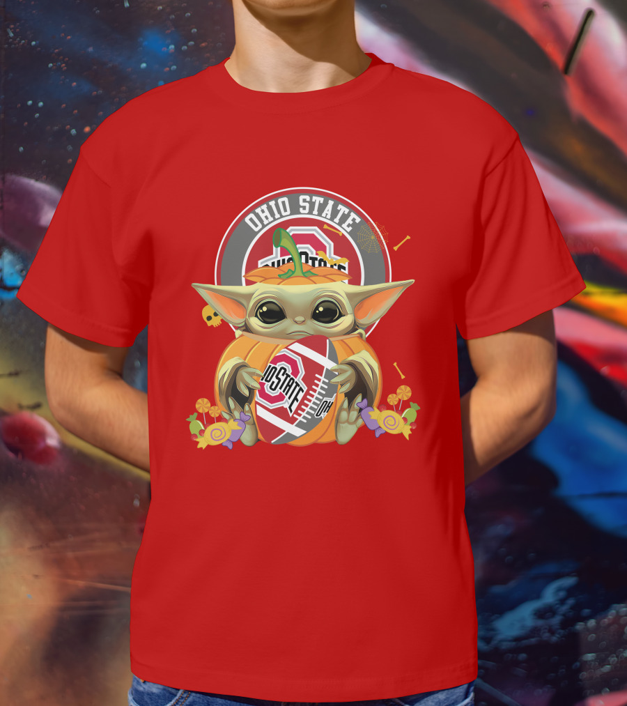 Halloween Pumpkin Ohio State Buckeyes Baby Yoda Hug Football T-Shirt