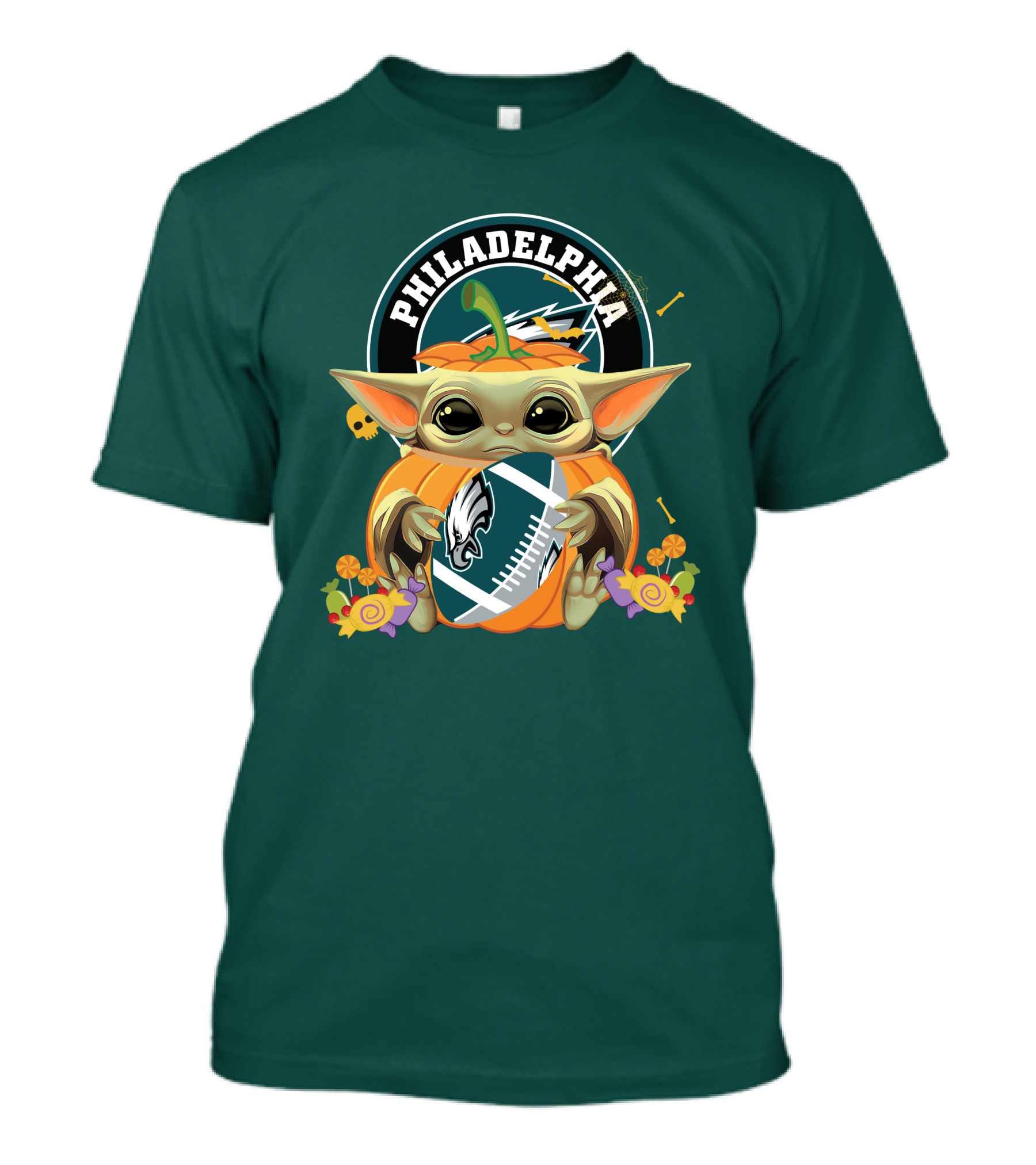 Halloween Pumpkin Baby Yoda Holding Philadelphia Eagles Football T-Shirt