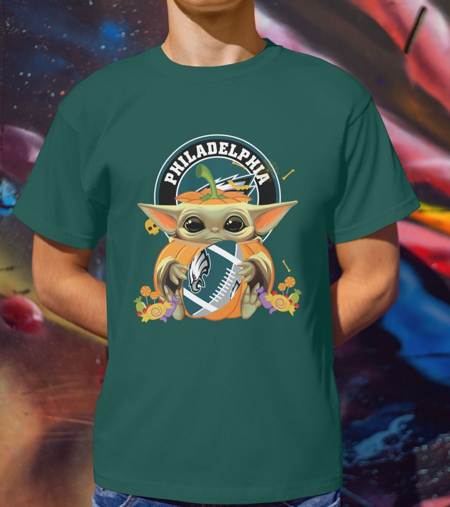 Halloween Pumpkin Baby Yoda Holding Philadelphia Eagles Football T-Shirt