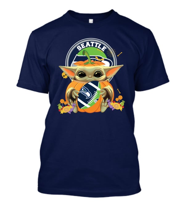 Seattle Seahawks Halloween Pumpkin Baby Yoda Hug T-Shirt