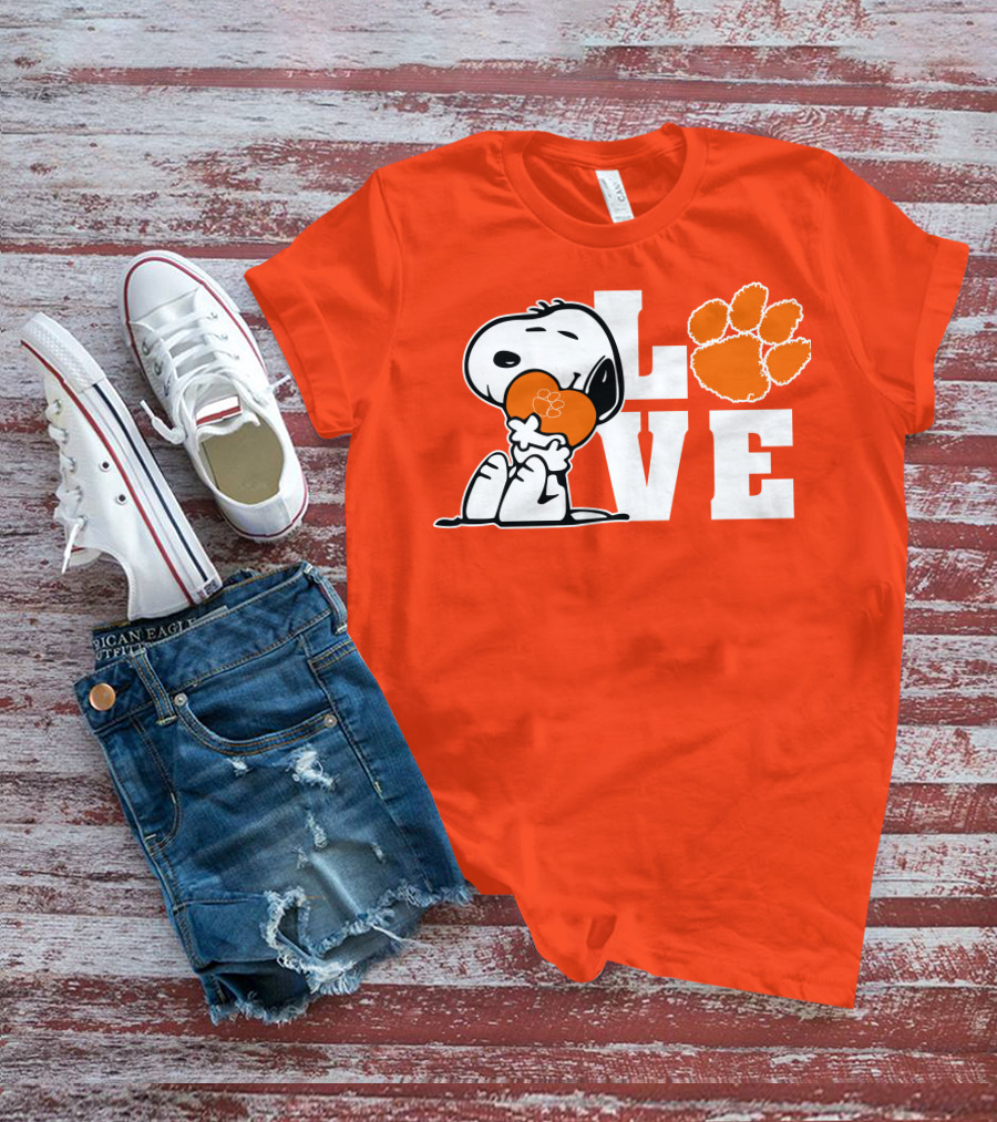 Snoopy Heart Love Clemson Tigers Paw Print T-Shirt