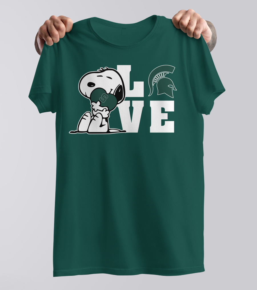 Snoopy Hugging Heart With Michigan State Spartans Helmet LOVE T-Shirt