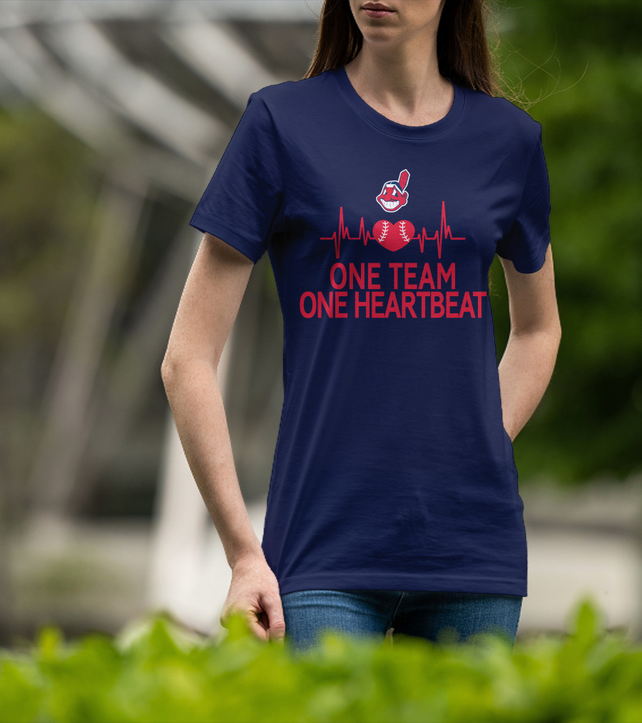 Cleveland Indians One Team One Heartbeat Baseball Heartbeat Line Chief Wahoo T-Shirt