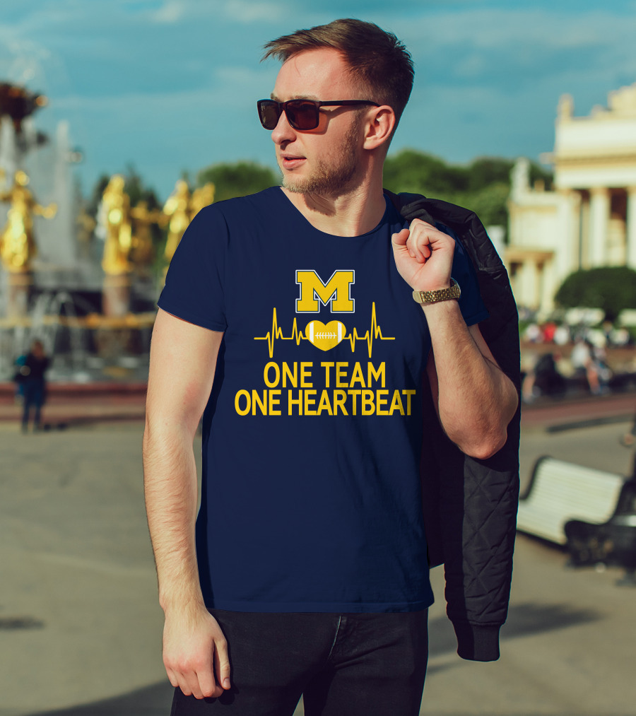 M Michigan Wolverines Football One Team One Heartbeat T-Shirt