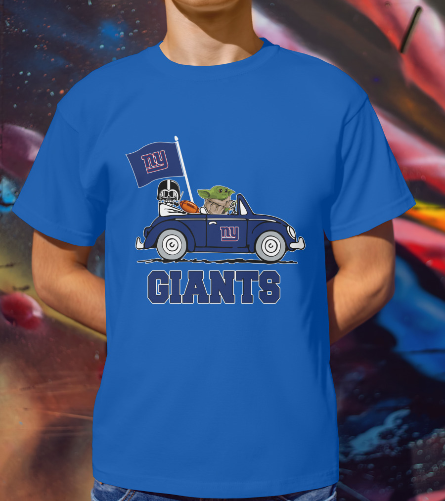 New York Giants Darth Vader Baby Yoda NY Giants Flag Car Star Wars T-Shirt