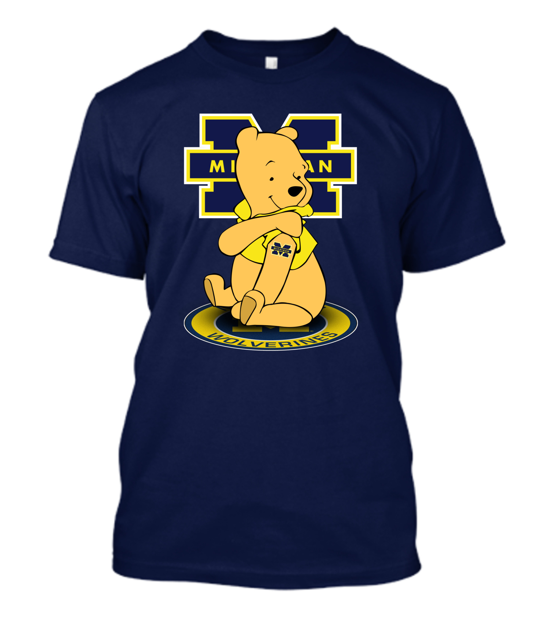 Michigan Wolverines Pooh Bear Sitting On Logo Badge T-Shirt