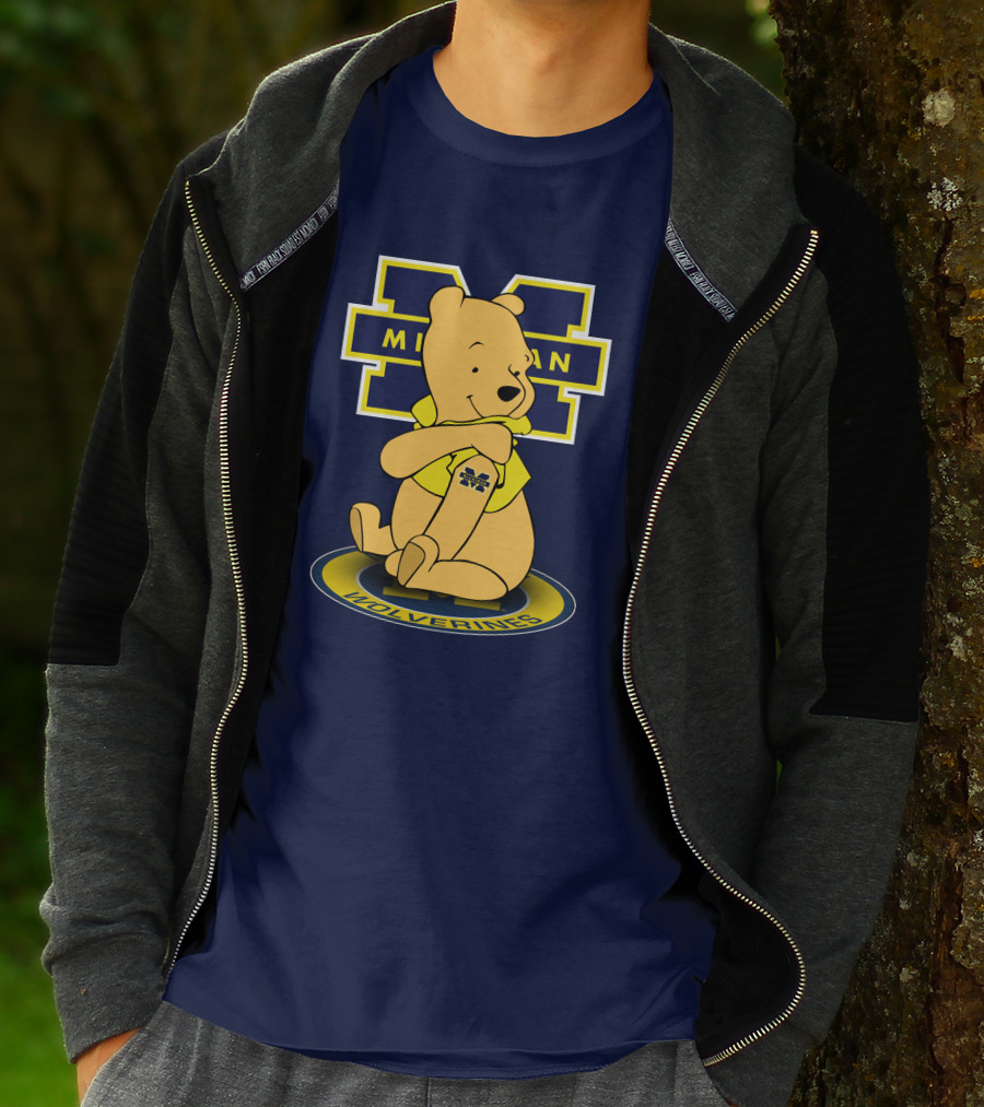 Michigan Wolverines Pooh Bear Sitting On Logo Badge T-Shirt