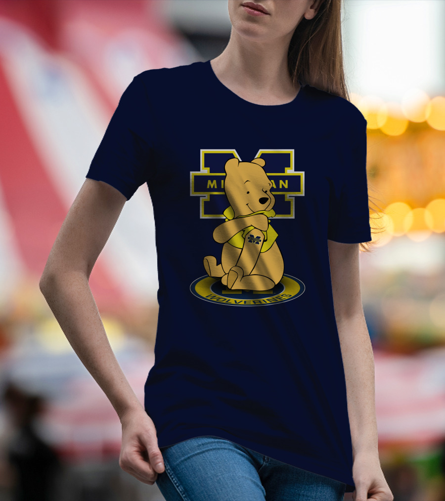 Michigan Wolverines Pooh Bear Sitting On Logo Badge T-Shirt