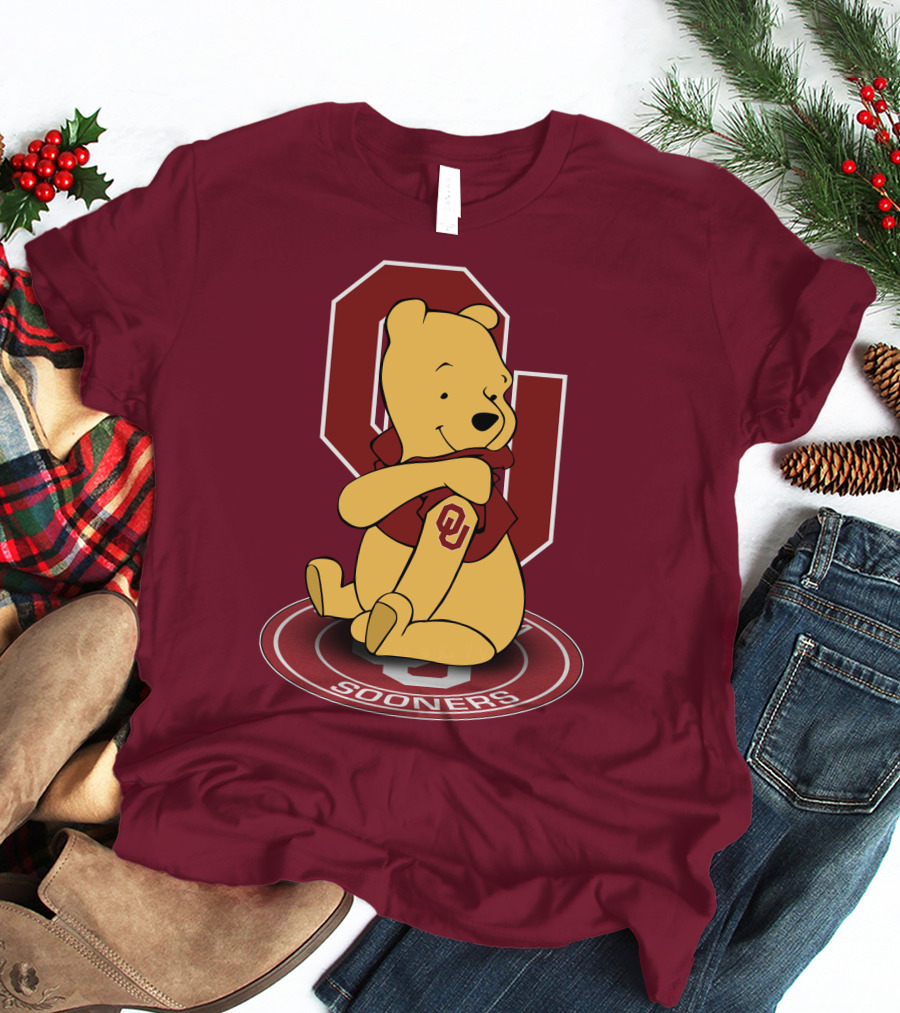 Winnie The Pooh With Oklahoma Sooners Logo And Letterman Jacket T-Shirt