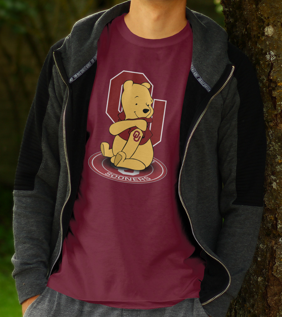 Winnie The Pooh With Oklahoma Sooners Logo And Letterman Jacket T-Shirt