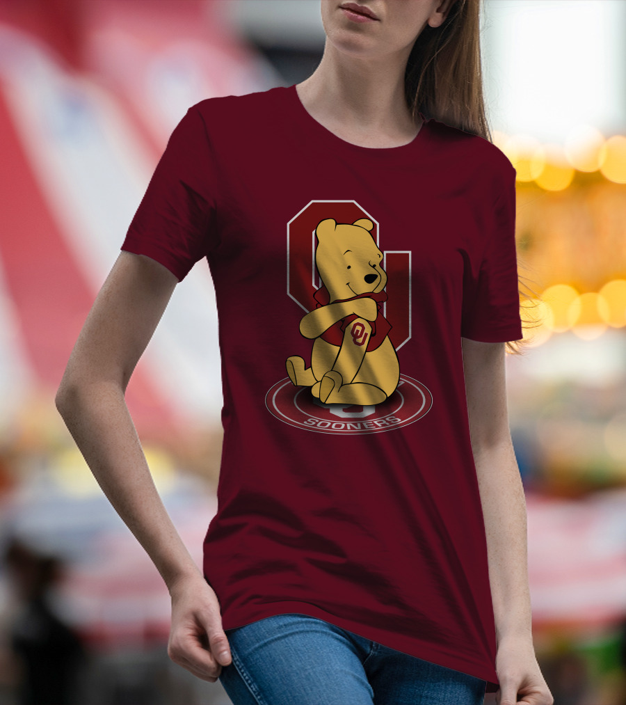 Winnie The Pooh With Oklahoma Sooners Logo And Letterman Jacket T-Shirt