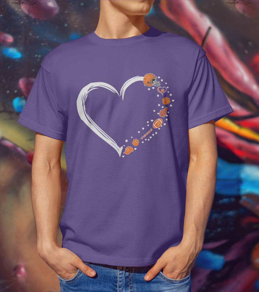 Clemson Tigers Heart Helmet Paws Football Fan Love T-Shirt