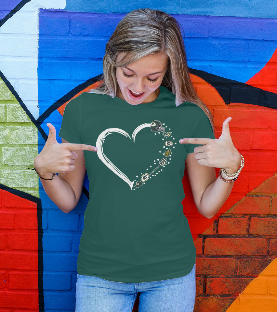 Green Bay Packers Heart With Logos And Helmet T-Shirt
