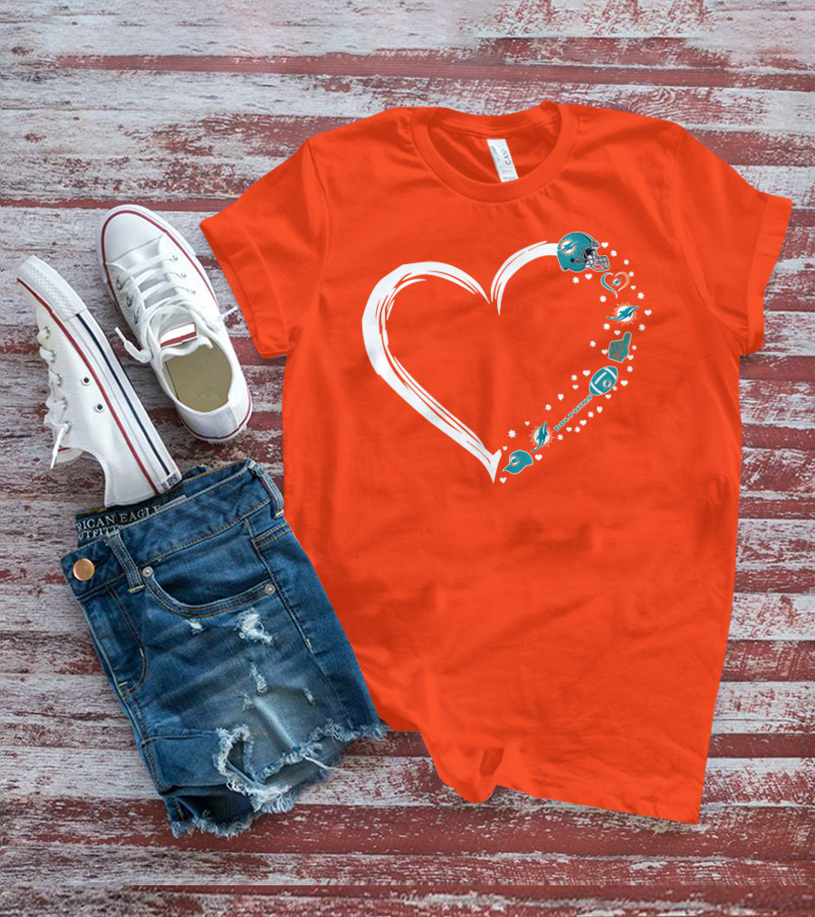 Miami Dolphins Heart Design With Helmets T-Shirt