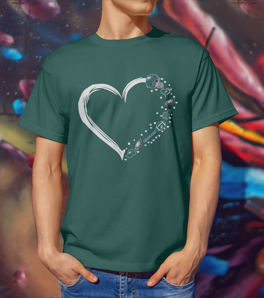 Philadelphia Eagles Heart Design With Logo And Helmet Elements T-Shirt