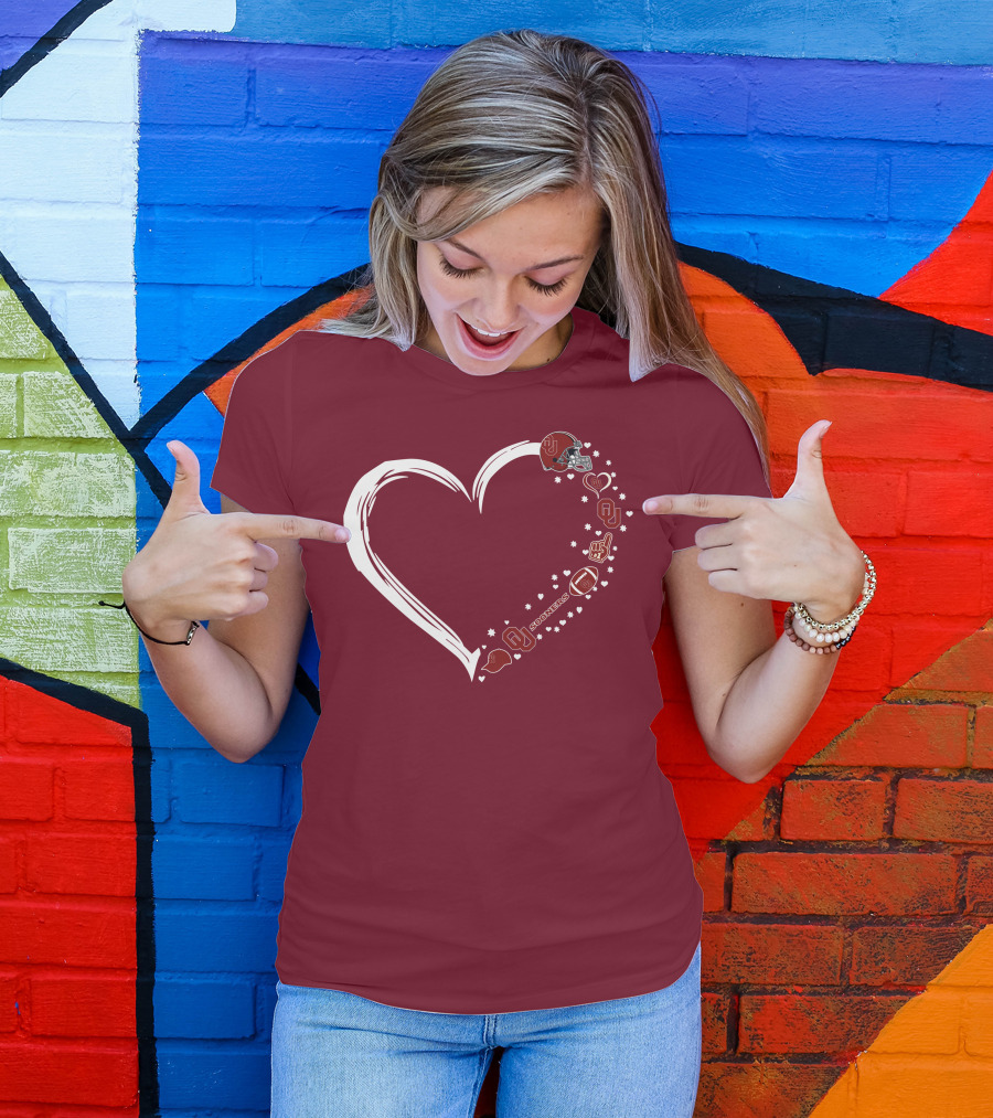Oklahoma Sooners Heart Design With Helmets And Footballs T-Shirt