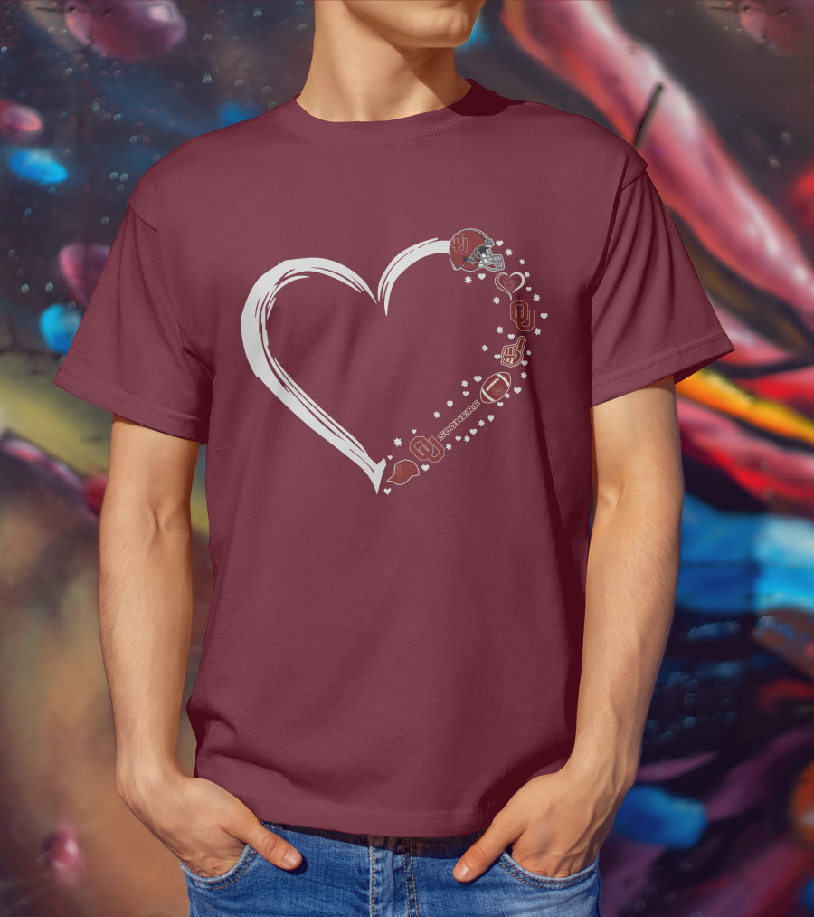 Oklahoma Sooners Heart Design With Helmets And Footballs T-Shirt