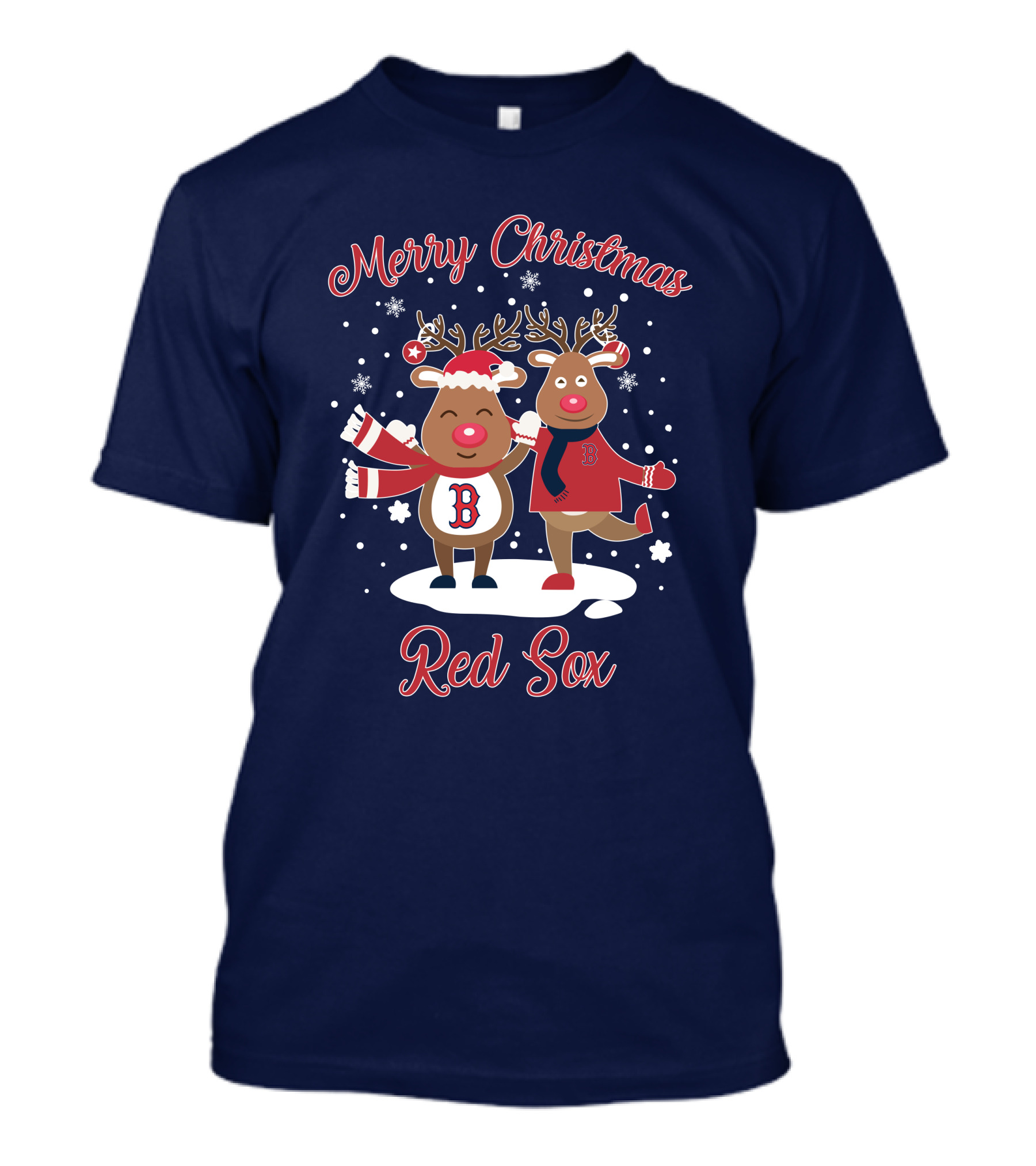 Merry Christmas Red Sox Reindeer With Snowflakes And Baseball Gear T-Shirt