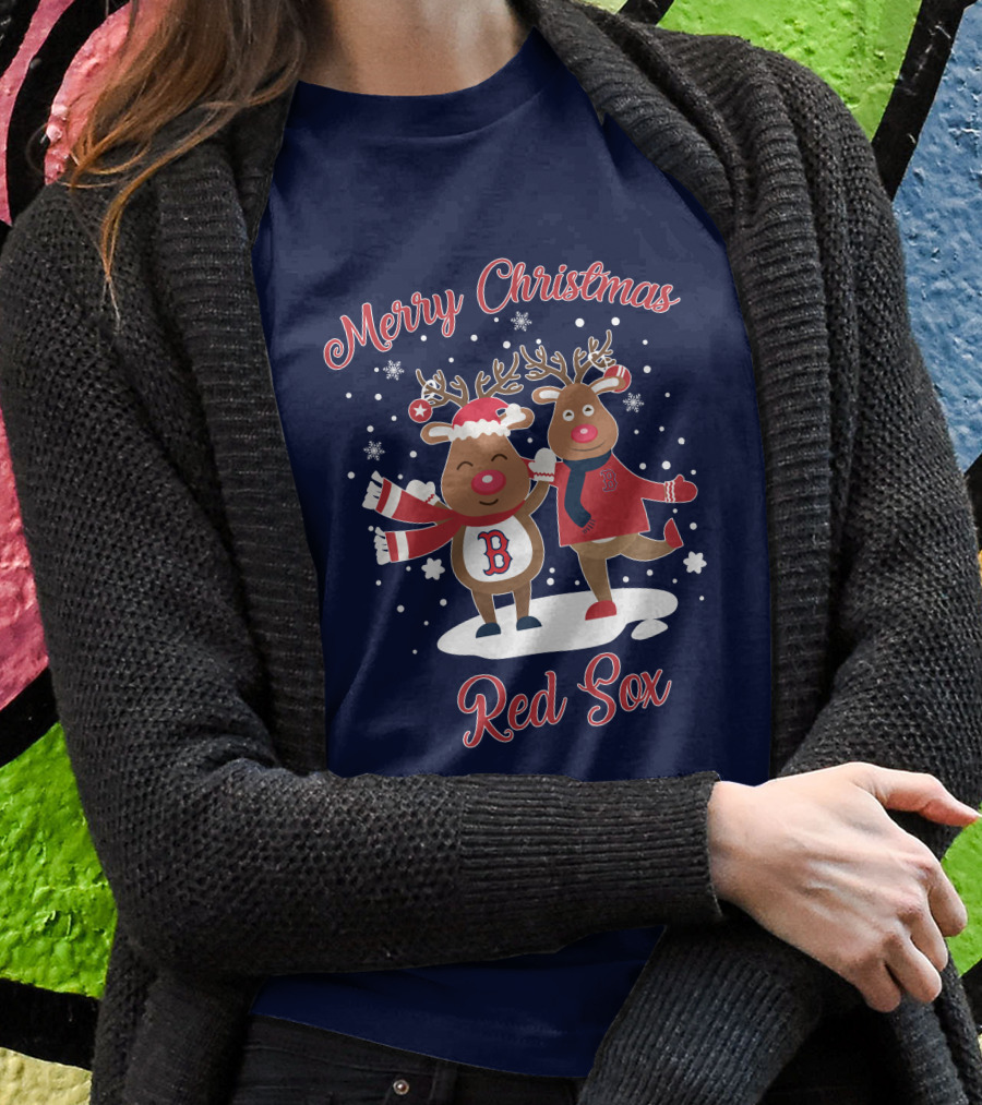 Merry Christmas Red Sox Reindeer With Snowflakes And Baseball Gear T-Shirt