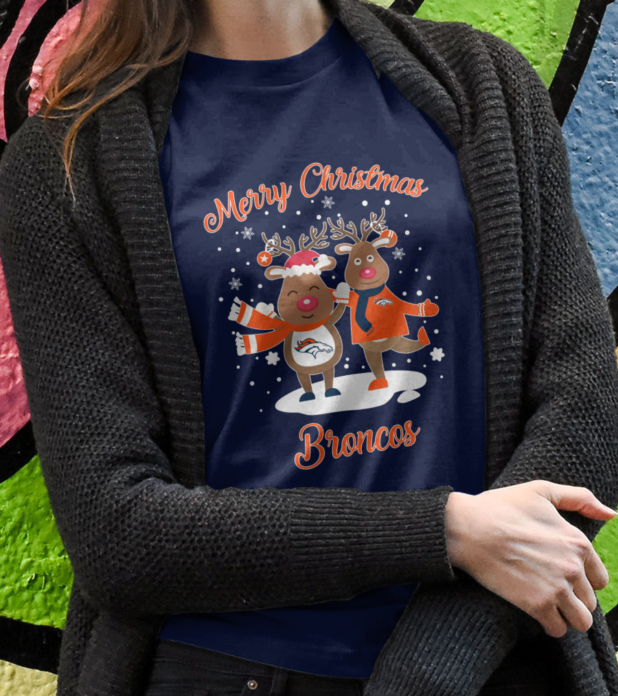 Merry Christmas Broncos Reindeer Snowflakes T-Shirt