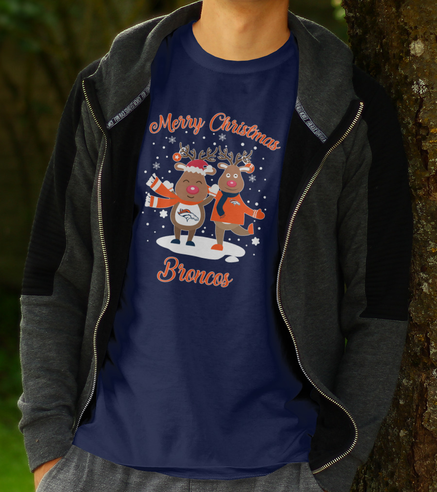 Merry Christmas Broncos Reindeer Snowflakes T-Shirt