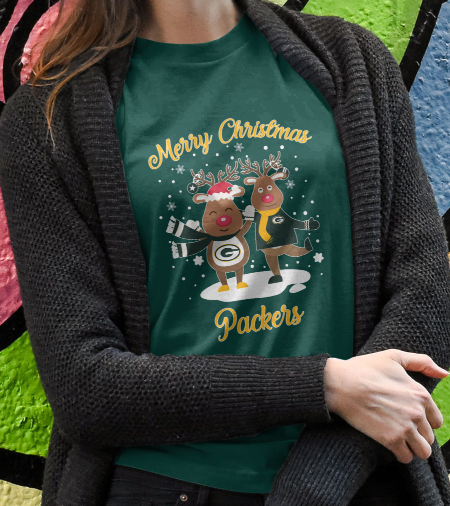 Merry Christmas Packers Reindeer With Green Bay Logo Winter Scene T-Shirt