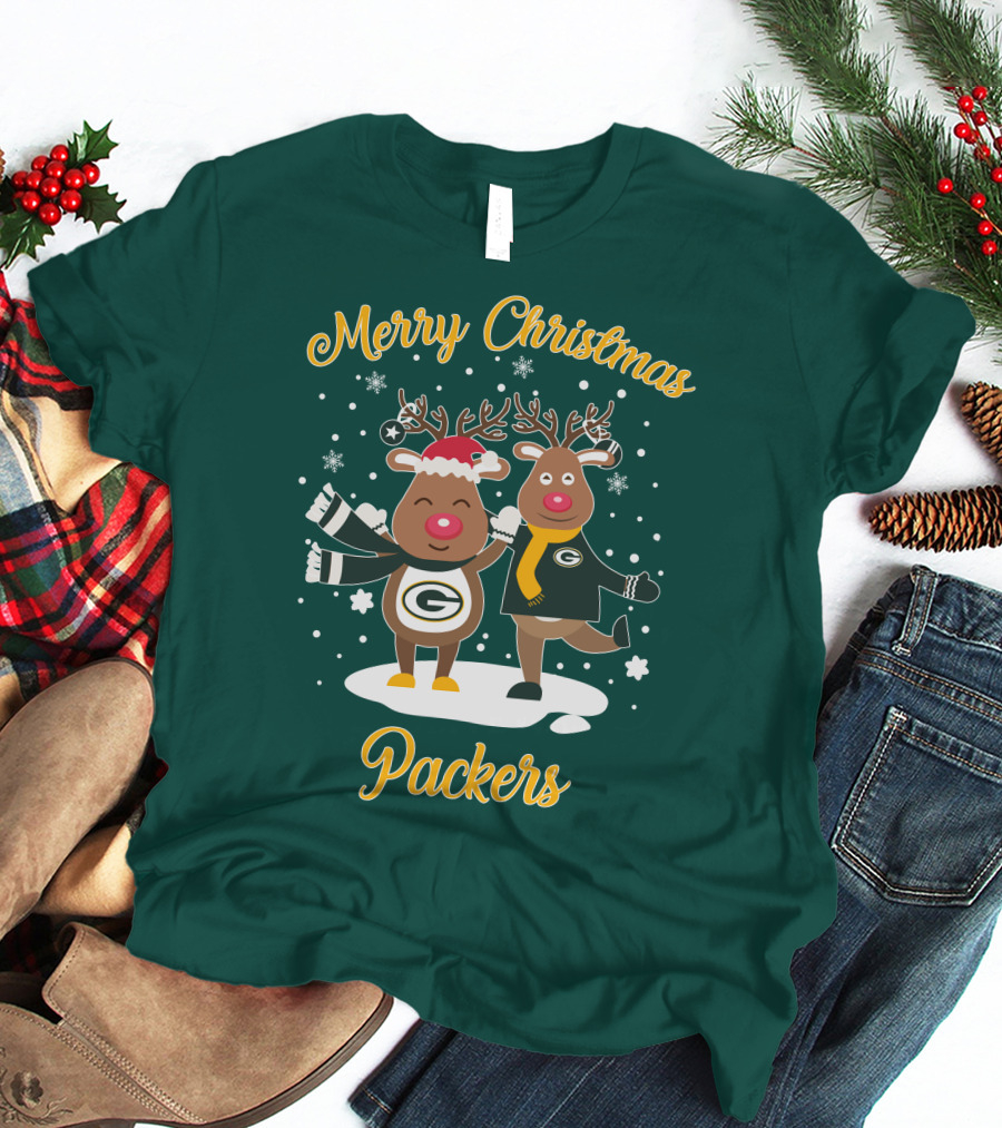 Merry Christmas Packers Reindeer With Green Bay Logo Winter Scene T-Shirt
