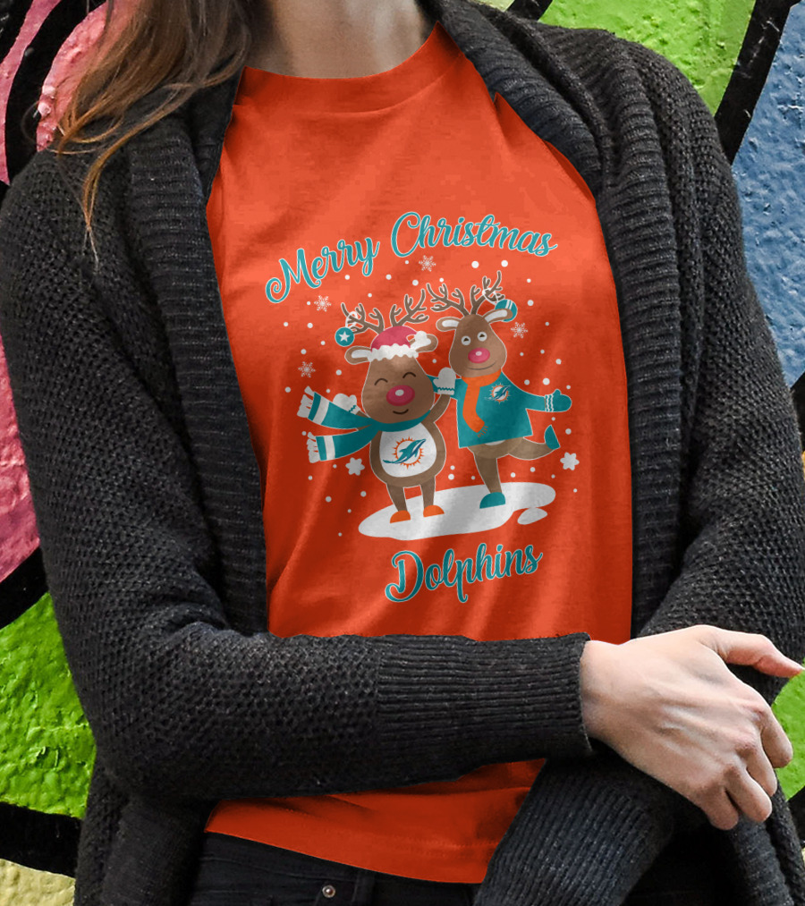 Merry Christmas Dolphins Reindeer Snowflakes T-Shirt