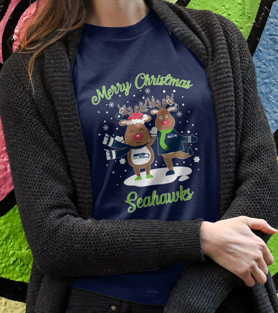 Merry Christmas Seattle Seahawks Reindeer Sweater Festive T-Shirt