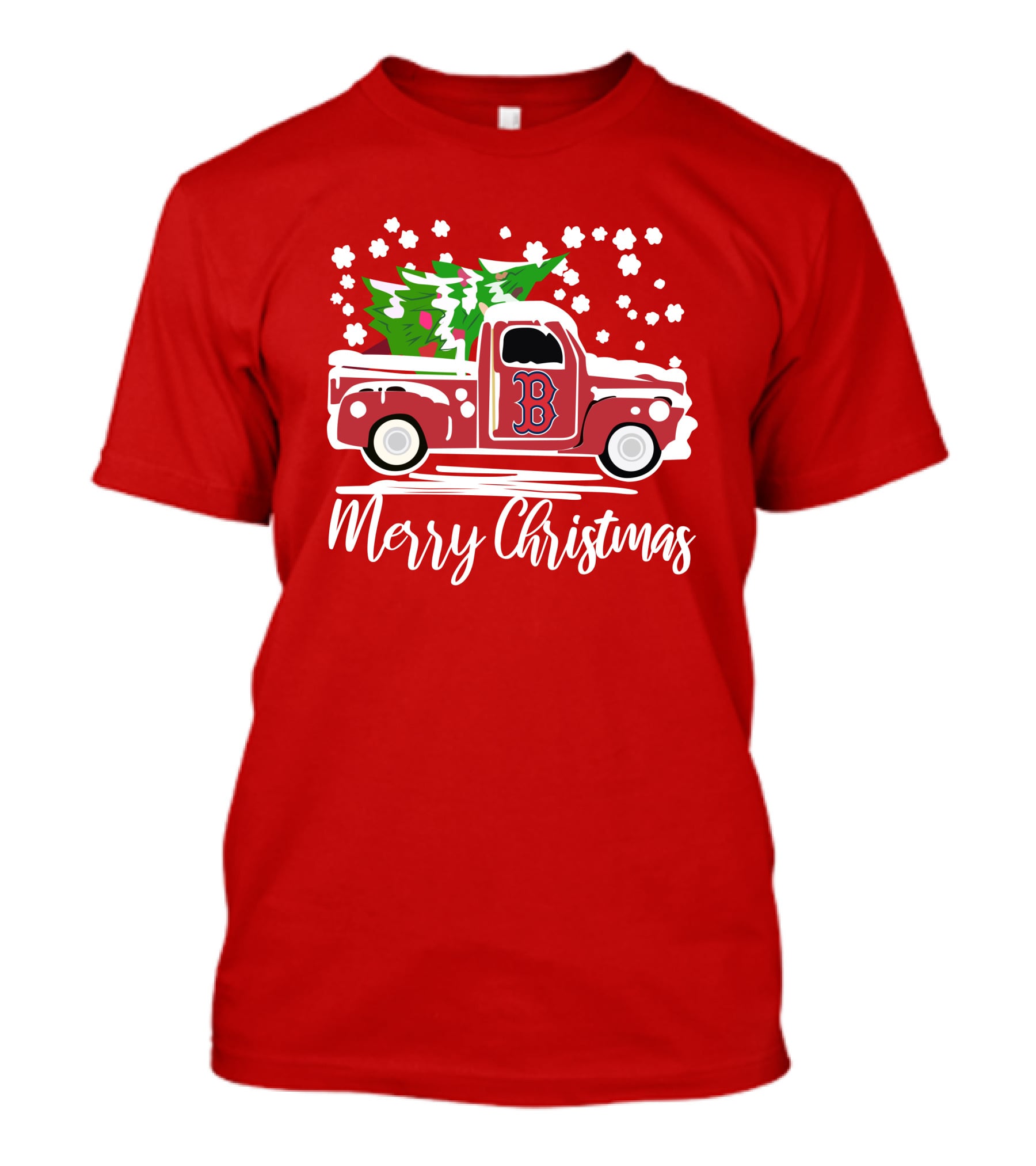 Boston Red Sox B Vintage Car Merry Christmas Tree Snowflakes T-Shirt