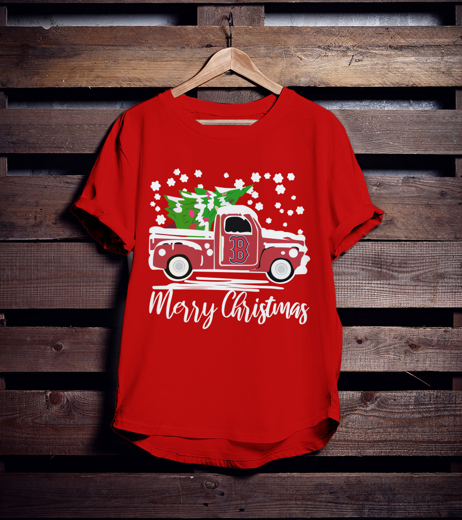 Boston Red Sox B Vintage Car Merry Christmas Tree Snowflakes T-Shirt