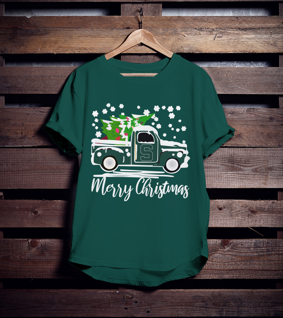 Merry Christmas Michigan State Spartans Vintage Car With Christmas Tree T-Shirt