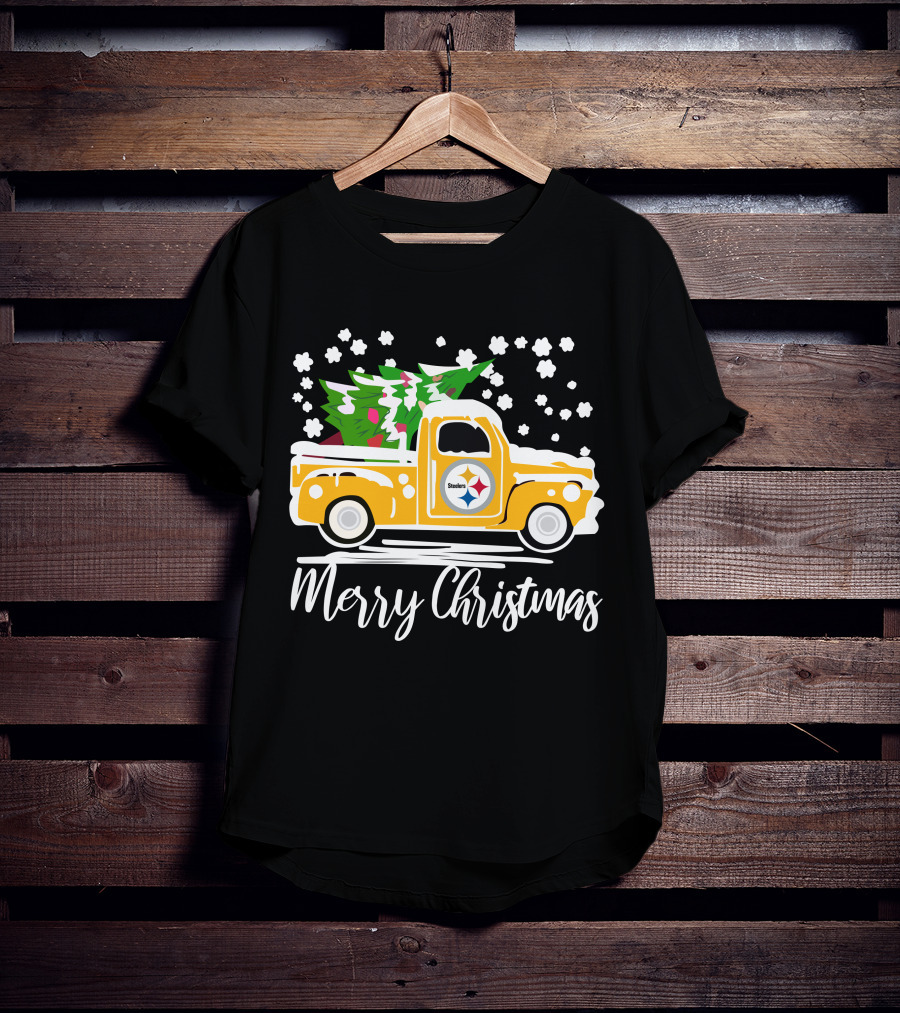 Pittsburgh Steelers Merry Christmas Vintage Car With Christmas Tree T-Shirt