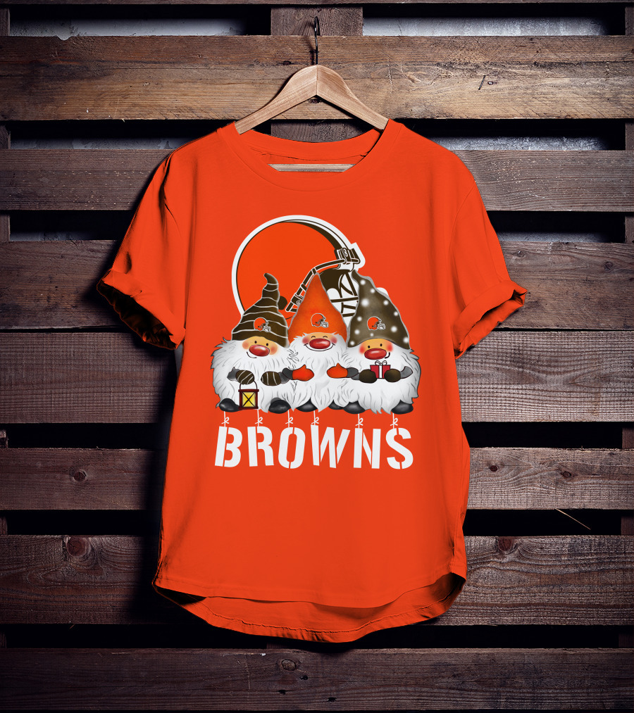 Cleveland Browns Merry Christmas Happy Holidays With Gnome Trio And Football Helmets T-Shirt