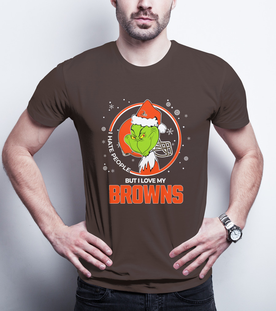 I Hate People But I Love My Cleveland Browns Grinch Santa Christmas T-Shirt