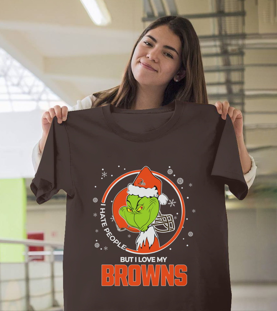 I Hate People But I Love My Cleveland Browns Grinch Santa Christmas T-Shirt