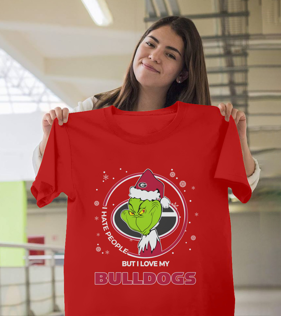 Christmas Grinch Santa I Hate People But I Love My Bulldogs Georgia T-Shirt